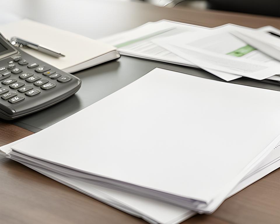 Close-up of a tidy desk with a phone, notebook and signed documents in a London office