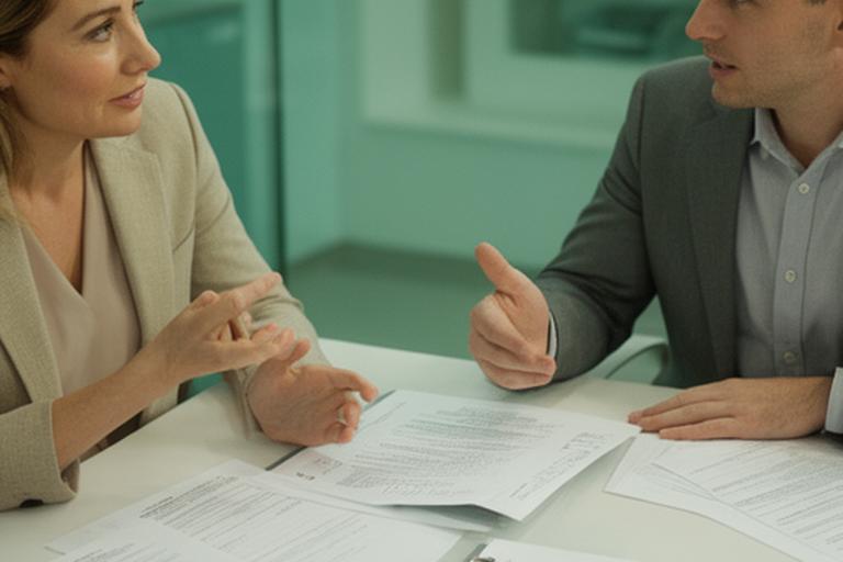 Estate agent discussing rental terms with a client beside printed lease documents in an office