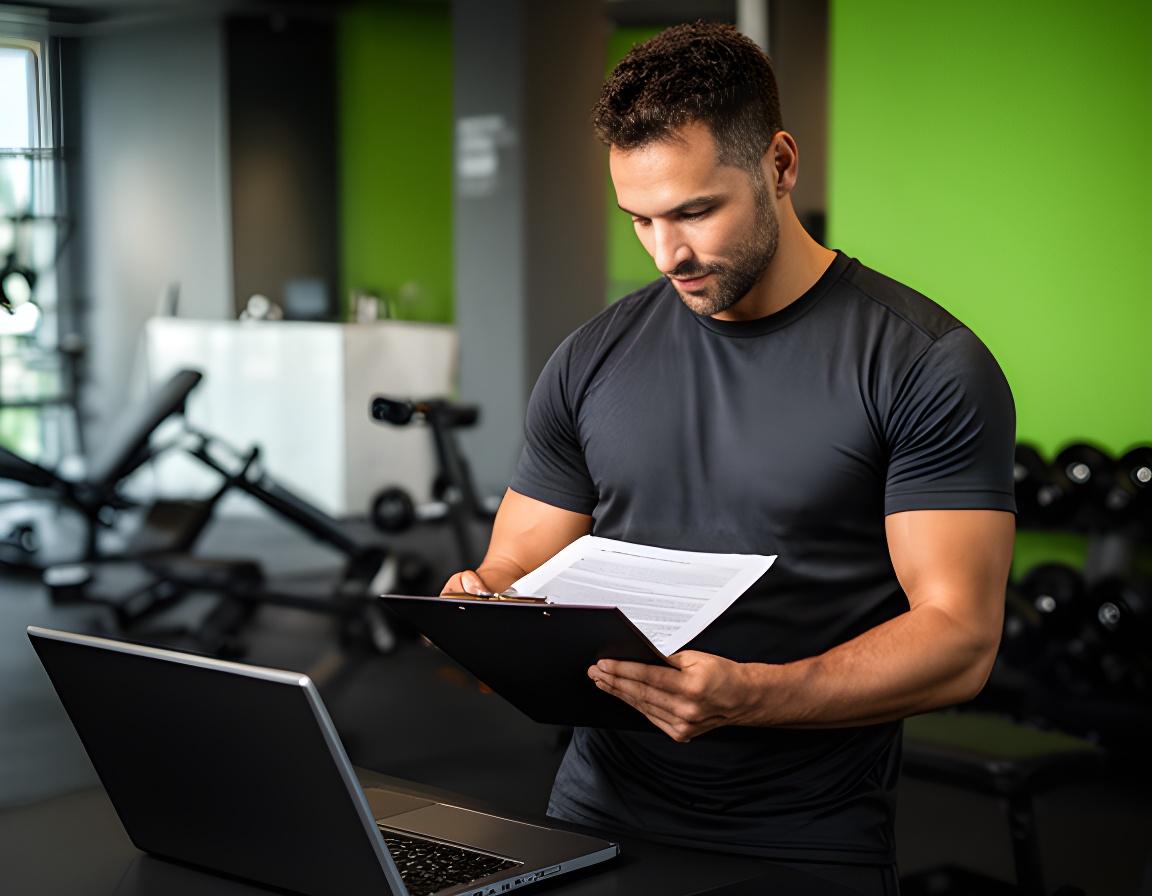 Fitness trainer reviewing a client agreement beside a gym training area with a clipboard and laptop