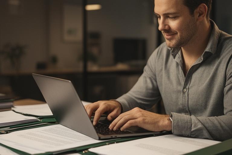 Portfolio landlord reviewing tenancy files at a desk in a modern London office