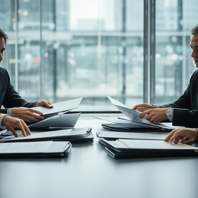 Founders reviewing investor documents in a glass meeting room with legal folders on the table