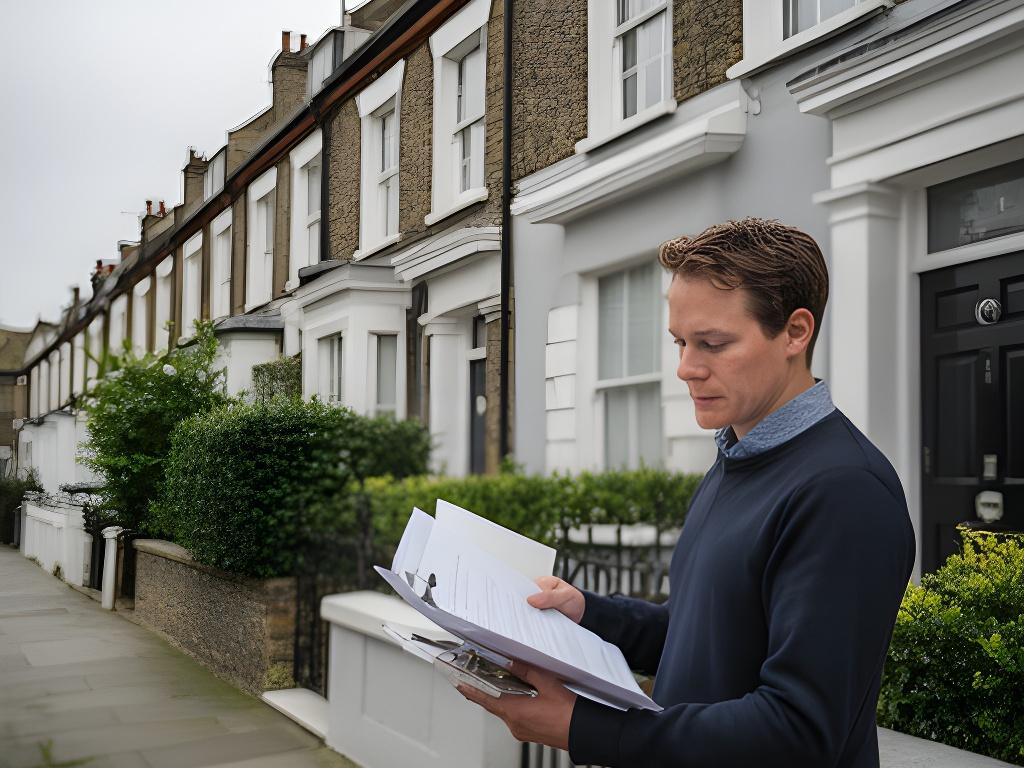 Row of London terraced houses with a property manager reviewing lease paperwork outside