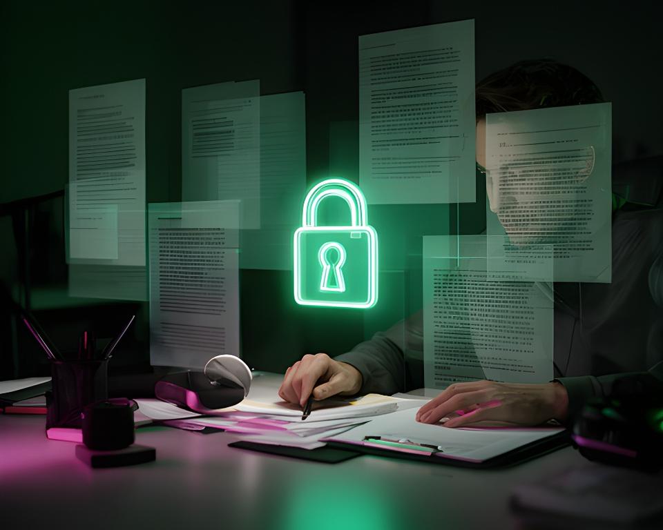 Content creator working at a desk beside a glowing padlock overlay and contract pages in a modern studio