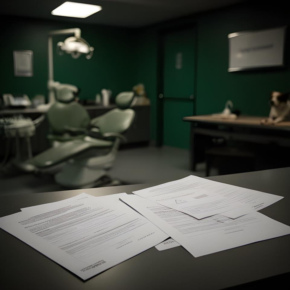 Dental chair beside a veterinary consulting room with printed consent documents on a desk