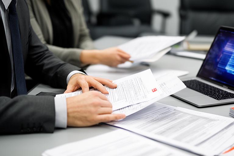 Property manager and colleague reviewing a lease agreement in a meeting room with files and laptop