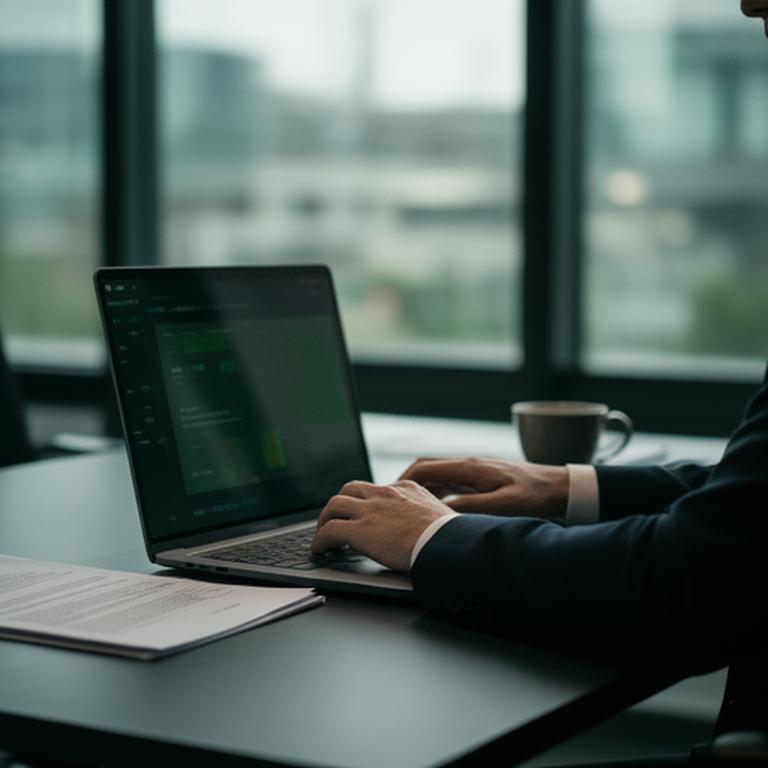 Legal adviser reviewing SaaS contract clauses beside a laptop in a modern London office