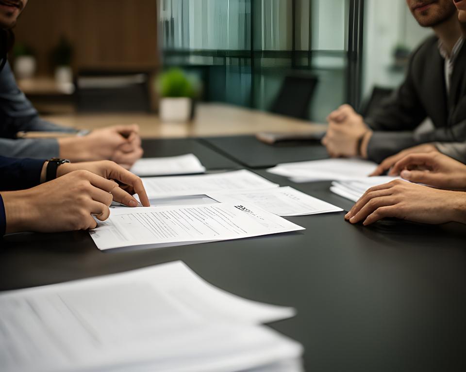 Startup founders reviewing a cap table and term sheet in a modern London meeting room