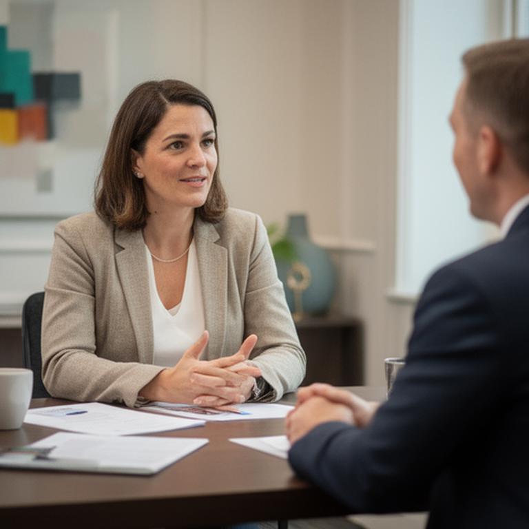 Client relationship manager speaking with a business owner across a desk in a professional London meeting room
